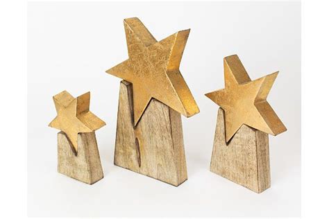 Holiday Set Of Three Wooden Star On Base Large Wooden Stars