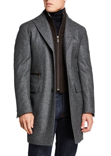 Neiman Marcus Mens Wool Twill Car Coat W Suede Trim Bergdorf Goodman