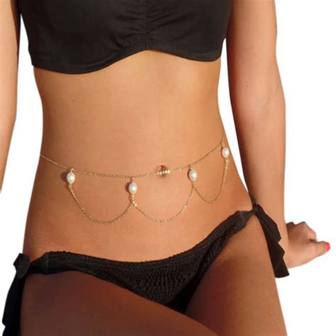 Women Sexy Waist Belly Chain With Faux Pearls Beach Bikini Body Pendant