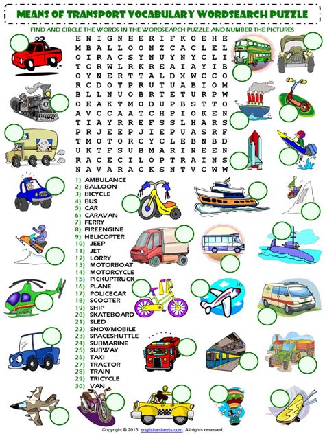 Means Of Transport Wordsearch Puzzle Vocabulary Worksheet