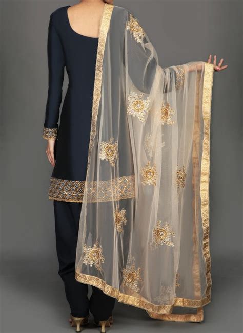 Navy Blue And Gold Embroidered Punjabi Suit Features A Taffeta Silk Kameez With Santoon Inner