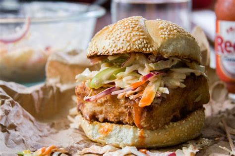 Line 2 baking sheets with parchment paper. Chicken-Fried Tofu Sandwiches with Buffalo Slaw (vegan ...
