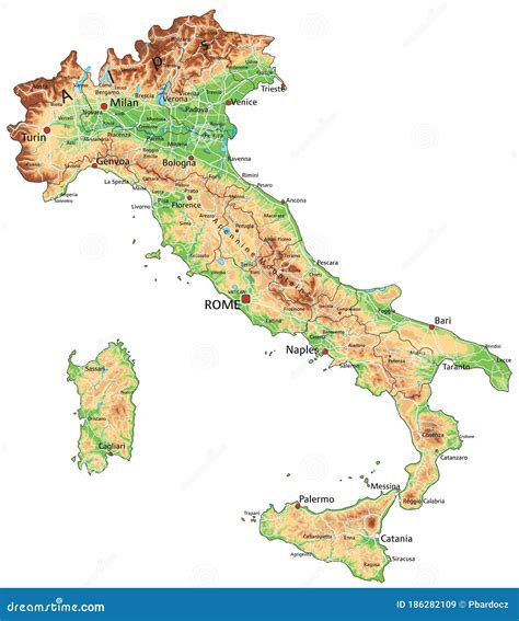 Cartina Fisica Dettagliata Dell Italia Con Etichettatura Illustrazione