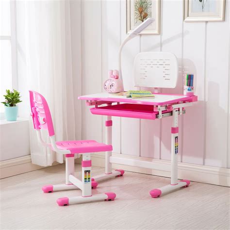 Children's desk and chair set with tilt desktop, led light and. Pink Adjustable Children's Study Desk Chair Set Child Kids ...