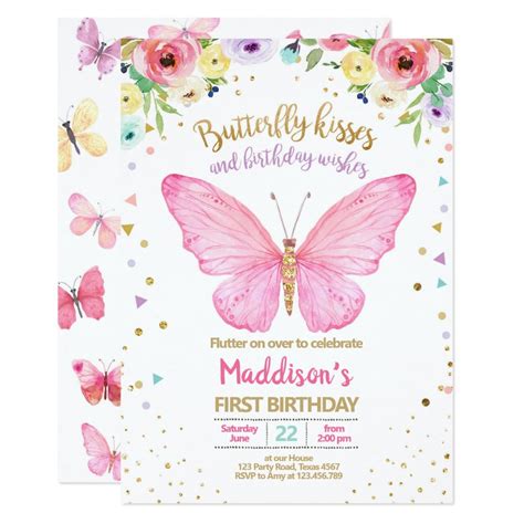 Butterfly Kisses Garden Floral Confetti Birthday Invitation Zazzle Butterfly Birthday
