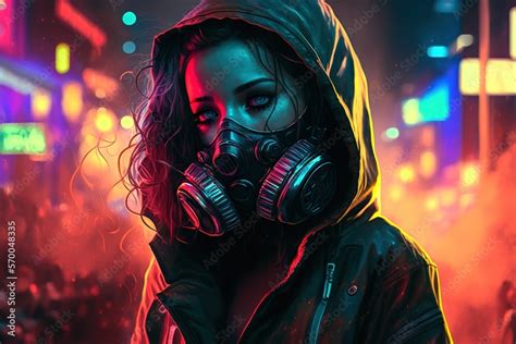 A Beautiful Anime Girl In A Hoodie Wearing A Gas Mask In A Colorful