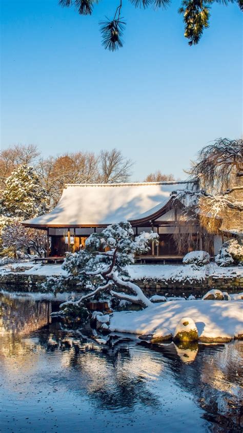 Download 750x1334 Japan House Snow Reflection Water Trees Winter