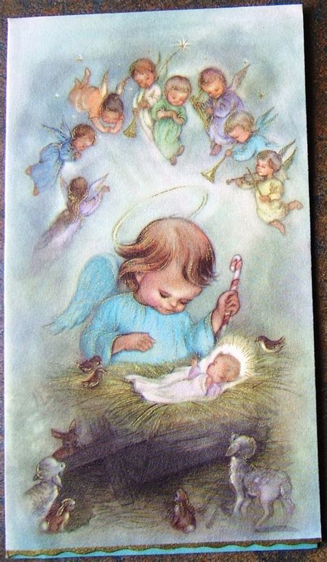 Holy Angels Watch Over Baby Jesus Nativity Gold Christmas Card Usa