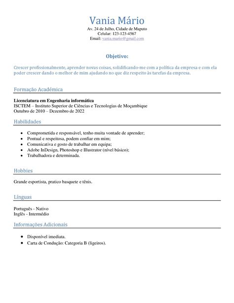 Exemplo De Curriculum Vitae Para Primeiro Emprego Vrogue Co