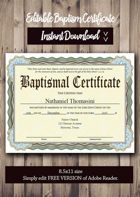Baptism Certificate Template Pdf Adobe Reader Editable File Etsy