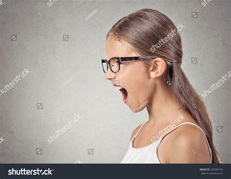 Side View Portrait Angry Child Screaming Wide Open Mouth Isolated Grey