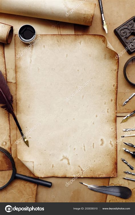 Vintage Writing Set Old Paper Brown Wood Texture Feather Ink Stock