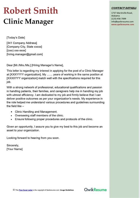 Clinic Manager Cover Letter Examples Qwikresume