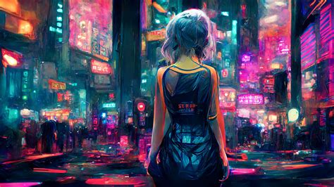 Download Cyberpunk Anime Girls Neon City Lights Futuristic Ai Art By