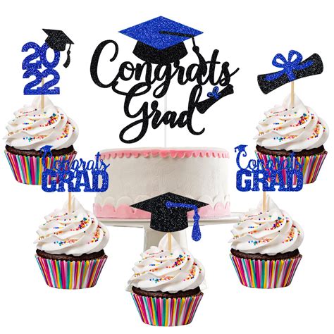 Buy Congrats Grad Cake Topper Blue And Black Glitter And 24pcs