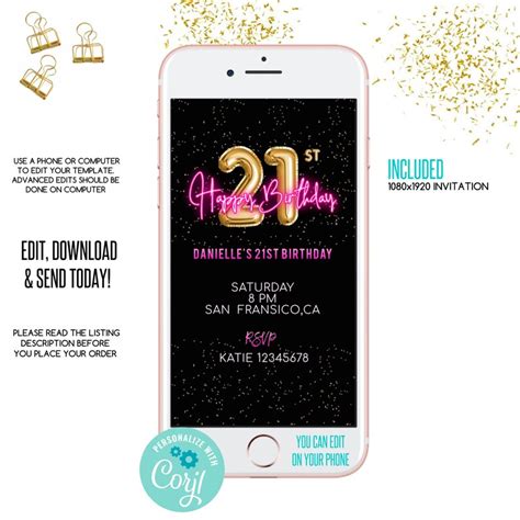 Editable Electronic 21st Birthday Invitation E Invite Black Etsy