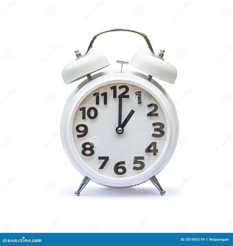 White Alarm Clock At 1 One O Clock Isolated On White Background