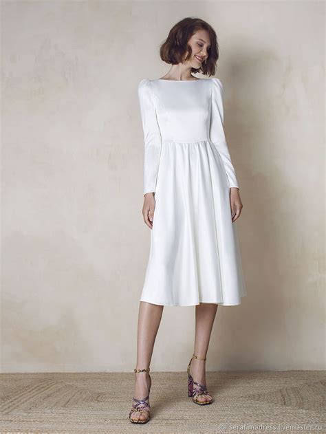 Белое платье, закрытое атласное сатиновое платье с длинным рукавом - купить на Ярмарке Мастеров ...