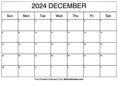 Free Printable December 2024 Calendar