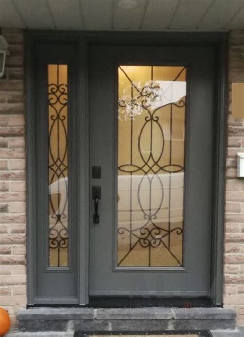 Grey Front Door With Decorative Glass Panel Grey Steel Door