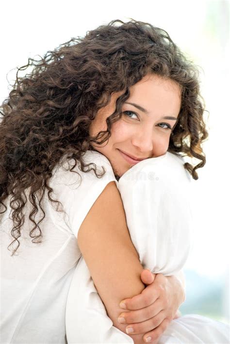 Smiling Woman Hugging Her Pillow Stock Photo Image Of Dreams Beauty