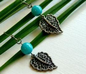 Turquoise Beaded Gunmetal Leaf Earrings On Luulla