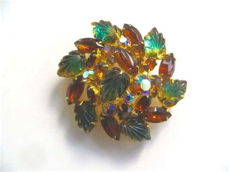 Vintage Rhinestone Brooch Molded Glass Leaves Amber And Green Rhinestones Mid Century Jewelry