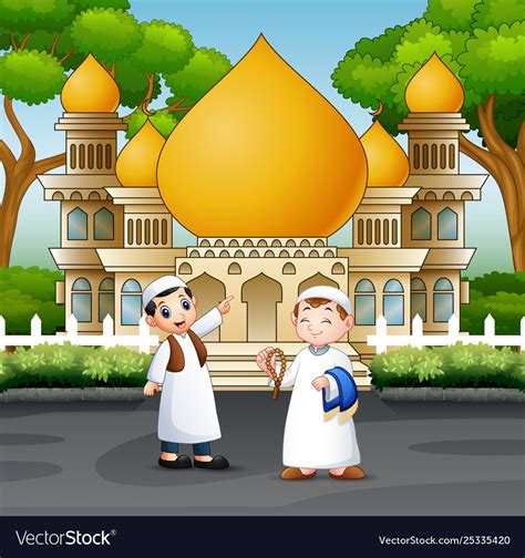 Cartoon Two Muslim Peoples In Front A Mosque Vector Image