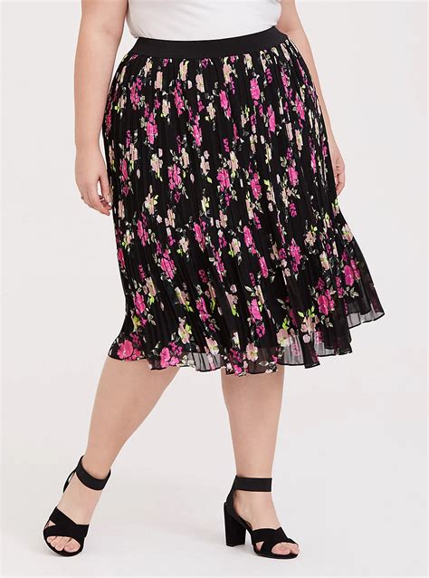 Plus Size Black Floral Chiffon Pleated Midi Skirt Torrid