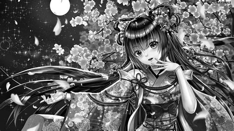 Grayscale Girl Anime Graphics Flowers 1920x1080
