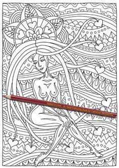This Intricate Adult Colouring Page Shows A Nude Beauty Daydreaming About Her Lover From Naked