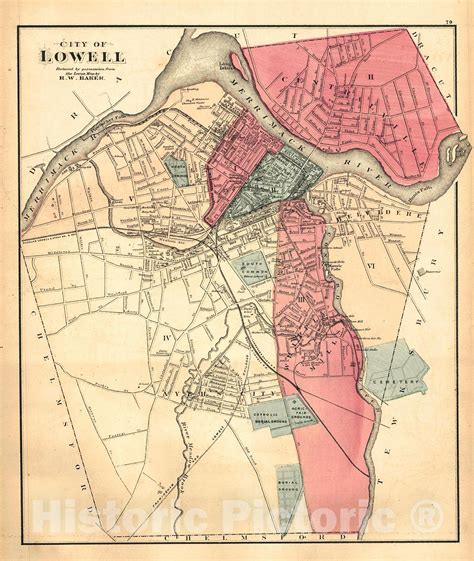 Historic Map 1871 City Of Lowell Vintage Wall Art Old Map Map