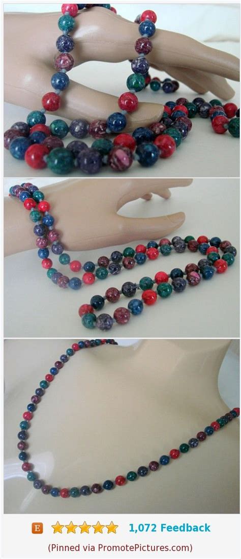 Vintage Polished Semi Precious Gemstone Bead Necklace Hand Knotted