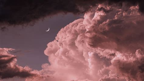 Pink Sky Clouds Moon Sunset