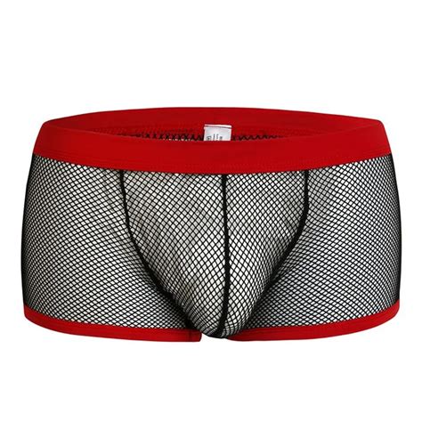 Mens Red Trim See Through Openwork Mesh Boxer Briefs Sheer Bulge Pouch Underwear Gay Sexy
