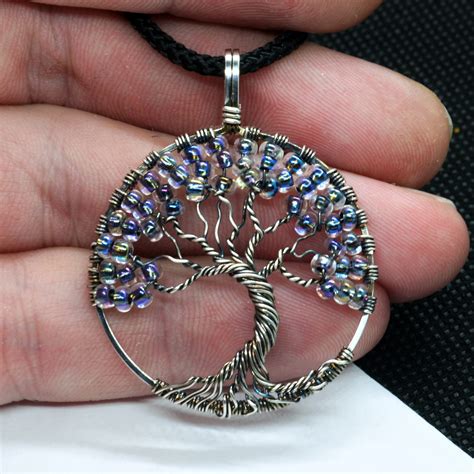 Wire Tree of Life Necklace Pendant with Iridescent Beads - Sterling Silver Pendant - Wire ...