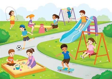 Happy Children Playing Joyfully On The Playground Premium Vector