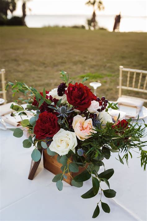 Ivory Blush And Burgundy Floral Centerpiece In A Rustic Wooden Box For