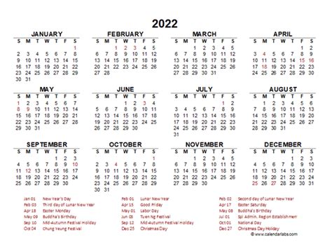 2022 Year At A Glance Calendar With Hong Kong Holidays Free Printable
