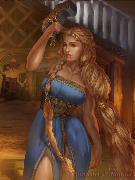 rule 34 1girls aesir norse mythology blonde hair blue dress blue eyes braided hair breasts