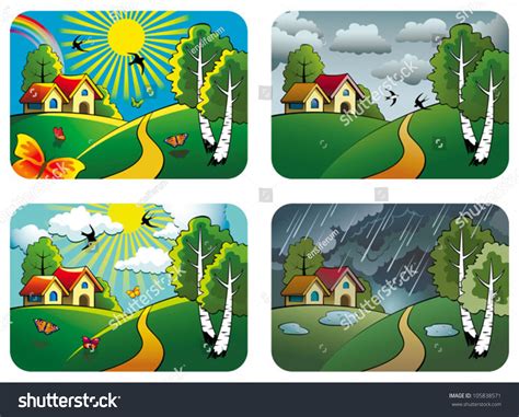 Set Different Weather Landscapes Sunny Cloudy Stock Vector 105838571