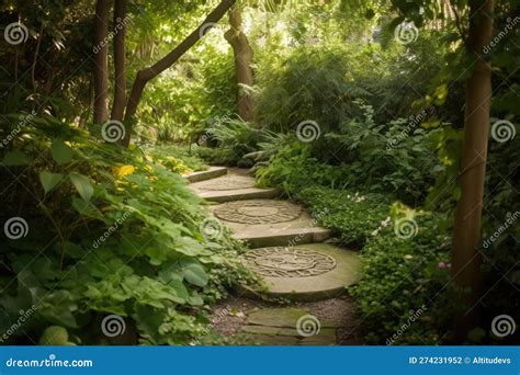 Stepping Stone Path Leading To A Secret Garden Surrounded By Lush