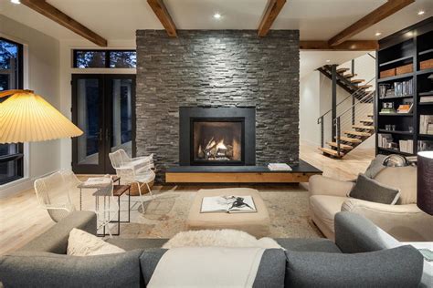 Contemporary Living Room With Large Gray Rock Fireplace