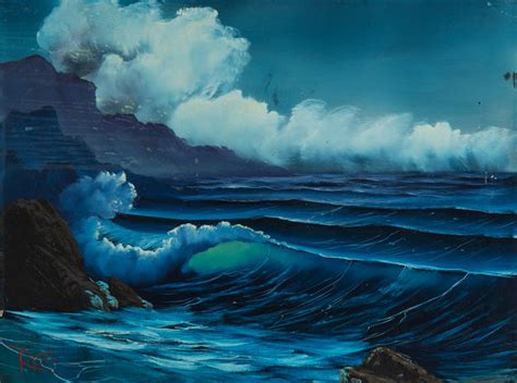 Bob Ross Signed Original Blue Ocean With Mountain Background