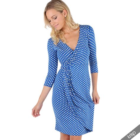 womens polka dot dress pleated skirt wrap front midi v neck top swing party ebay