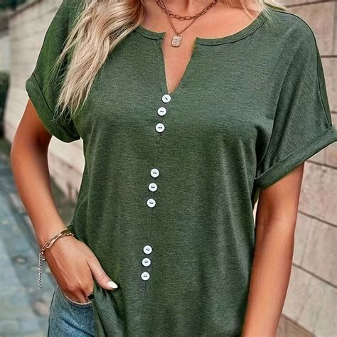 Gradient Button Front T Shirt Casual V Neck Short Sleeve Temu