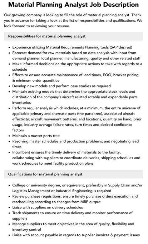 Material Planning Analyst Job Description Velvet Jobs