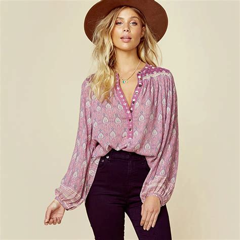 2018 Spring Violet Boho Blouse Shirts Floral Print Hollow Out Rayon