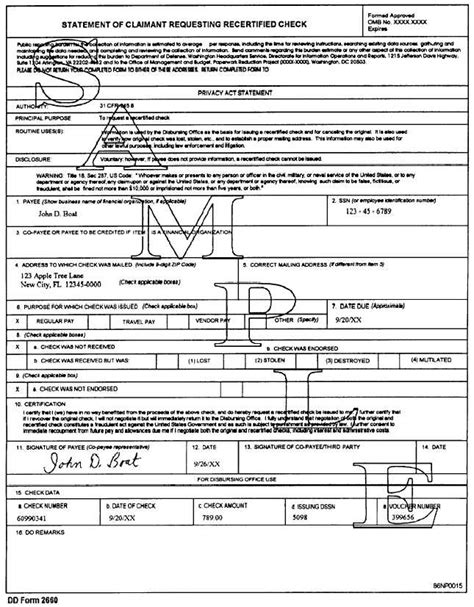 Sample Dd Form 2660 Statement Of Claimant Requesting Recertified Check
