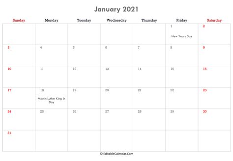 Editable Calendar January 2021